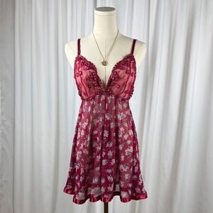 Burgundy Floral Mesh Babydoll Chemise Lace Sequin Trim L